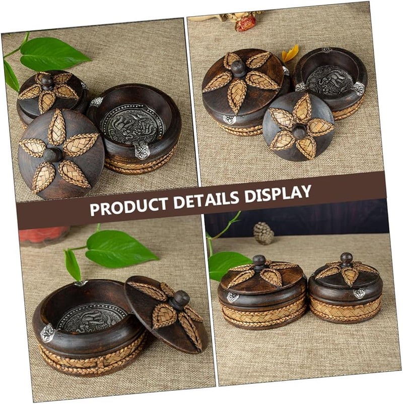 منفضة سجائر خشبية يدوية الصنع مع غطاء لتزيين المنزل والمكتب والبار هديمة صينية رماد للتدخين - Image 3